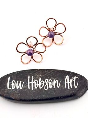 HANDMADE Copper and Bead Flower Stud Earrings, Artisan Jewelry Gift for Her